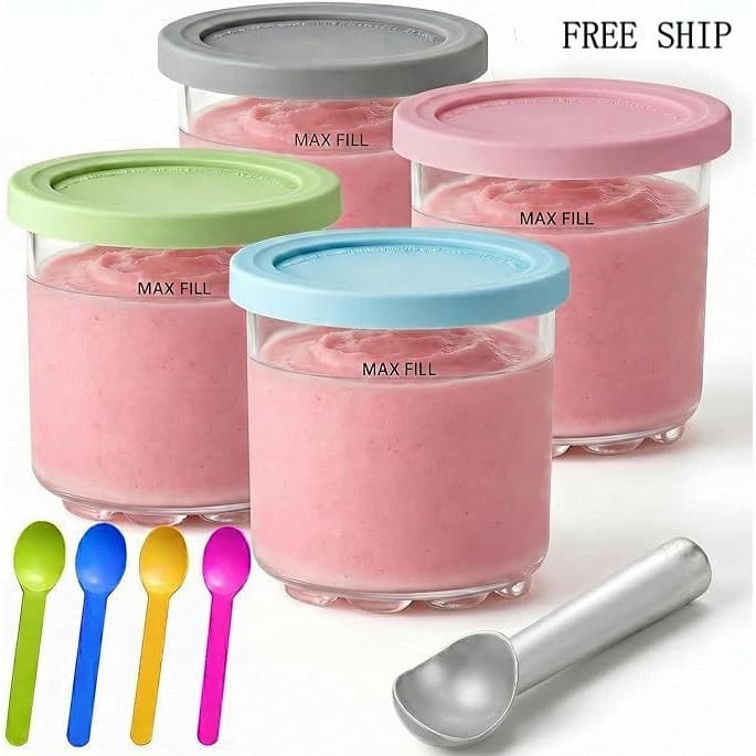 Potes e Tampas Creami para Ninja - Conjunto de 4 recipientes para sorvete cremoso, potes, copos, frascos, compatíveis co