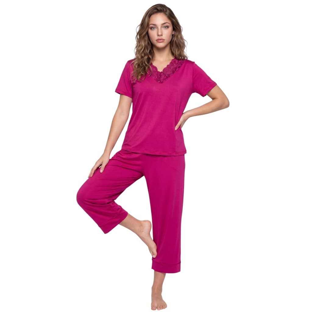 Pijama Feminino Manga Curta Calça Pescador Malha com Renda Decote V Adulto Leve Macio Conforto Ideal