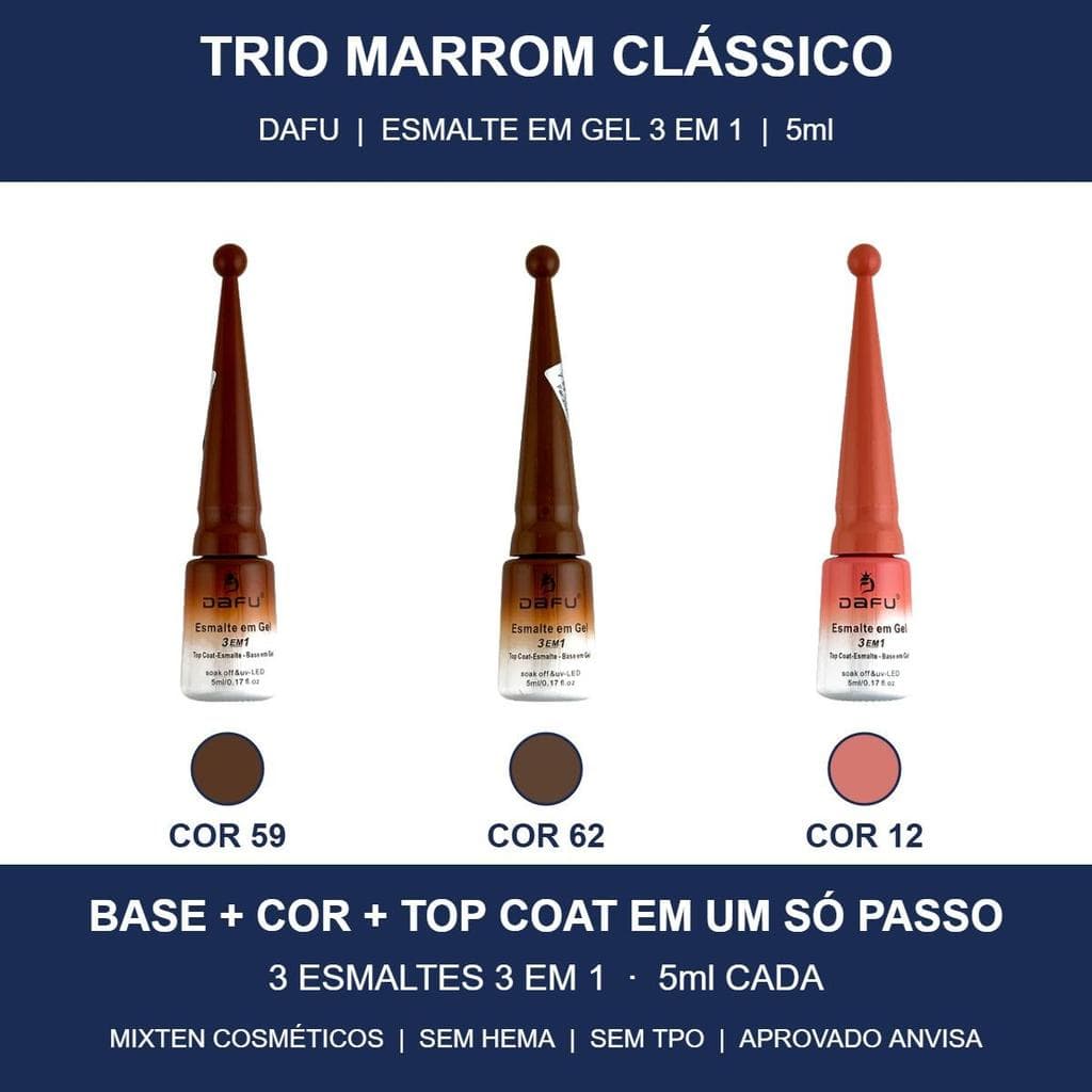 Kit 3 Esmaltes em Gel 3 em 1 Dafu 5ml - Base + Cor + Top Coat - Trio de Cores - Sem HEMA e Sem TPO