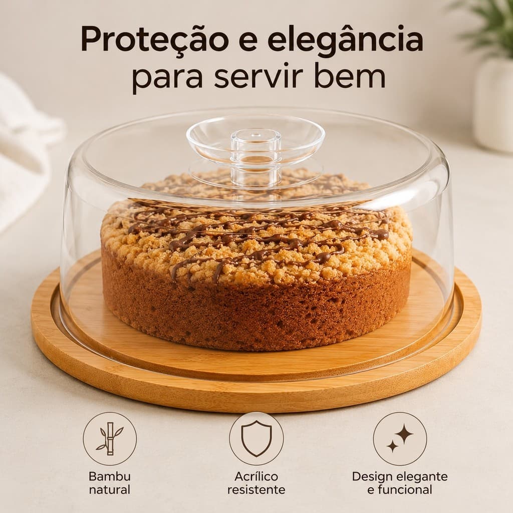 Boleira de bambu com tampa de acrílico elegante ideal pra mesa posta de café da manha porta bolo, decorativo, cozinha