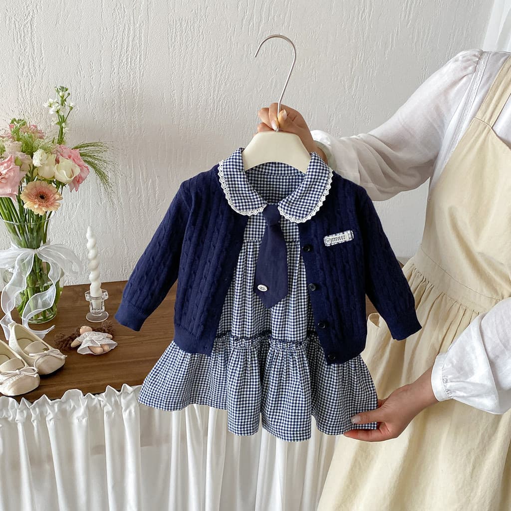 Bebê outono vestido xadrez conjunto de duas peças jaqueta de lã do bebê gola de renda topo novo simples doce conjunto de