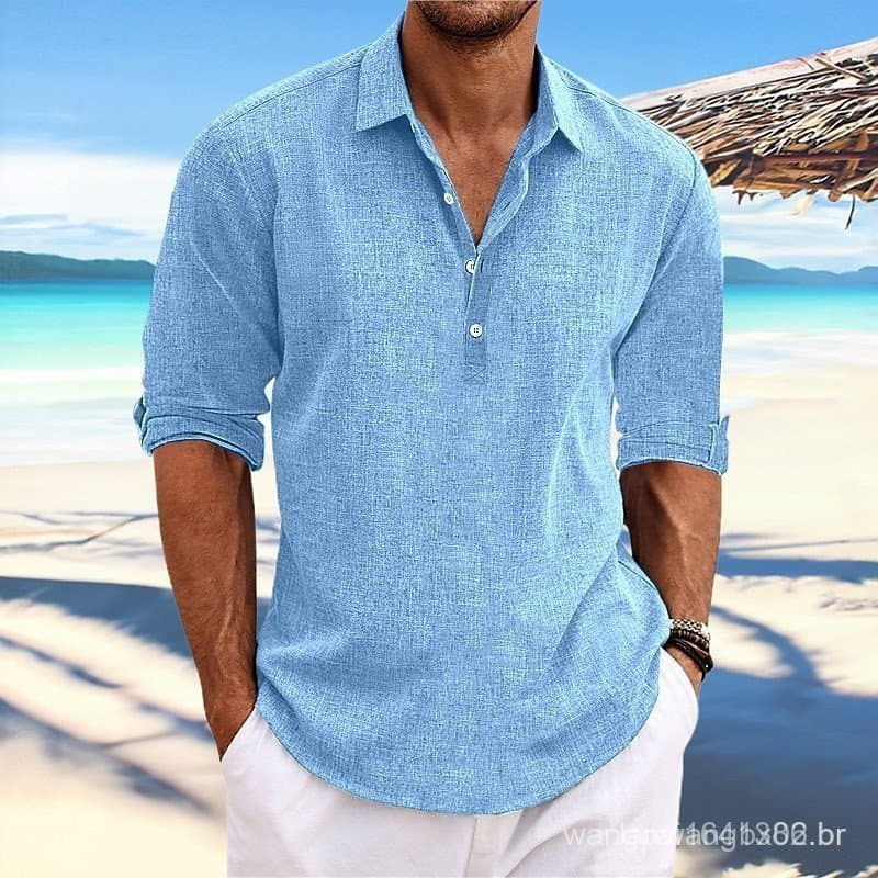 Camisa Casual Masculina de Manga Longa com Gola Reversível em Cor Sólida CS6J