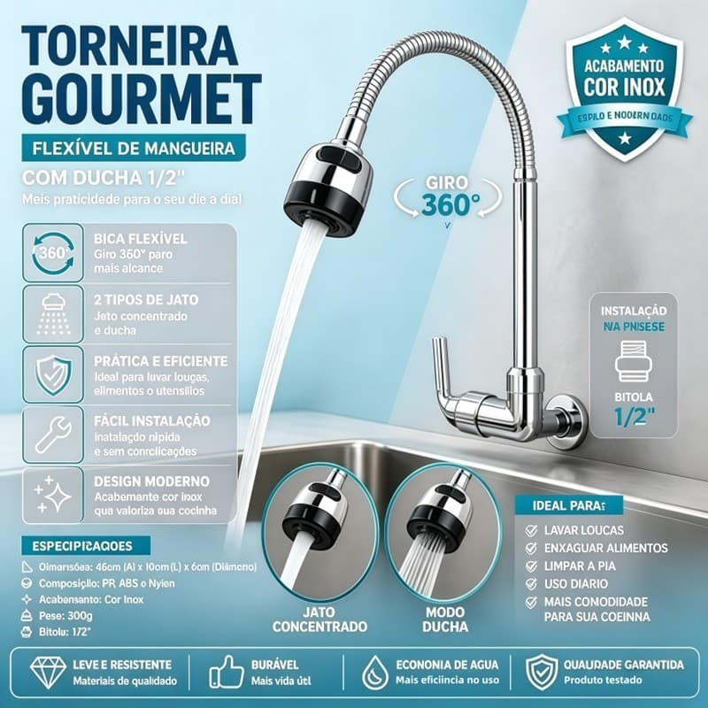 Torneira de cozinha contemporânea com fluxo de jato duplo e cone banhado - ideal para renovações de cozinha Voltik