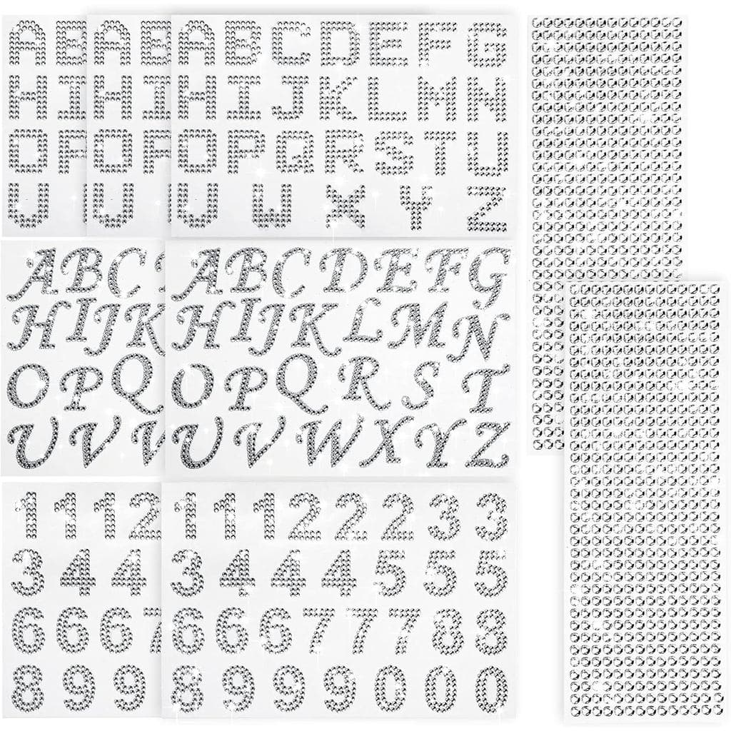 10 Folhas de Adesivos Brilhantes com Letras, 3 Estilos de Adesivos de Números com Strass Prateados, Adesivos de Alfabeto