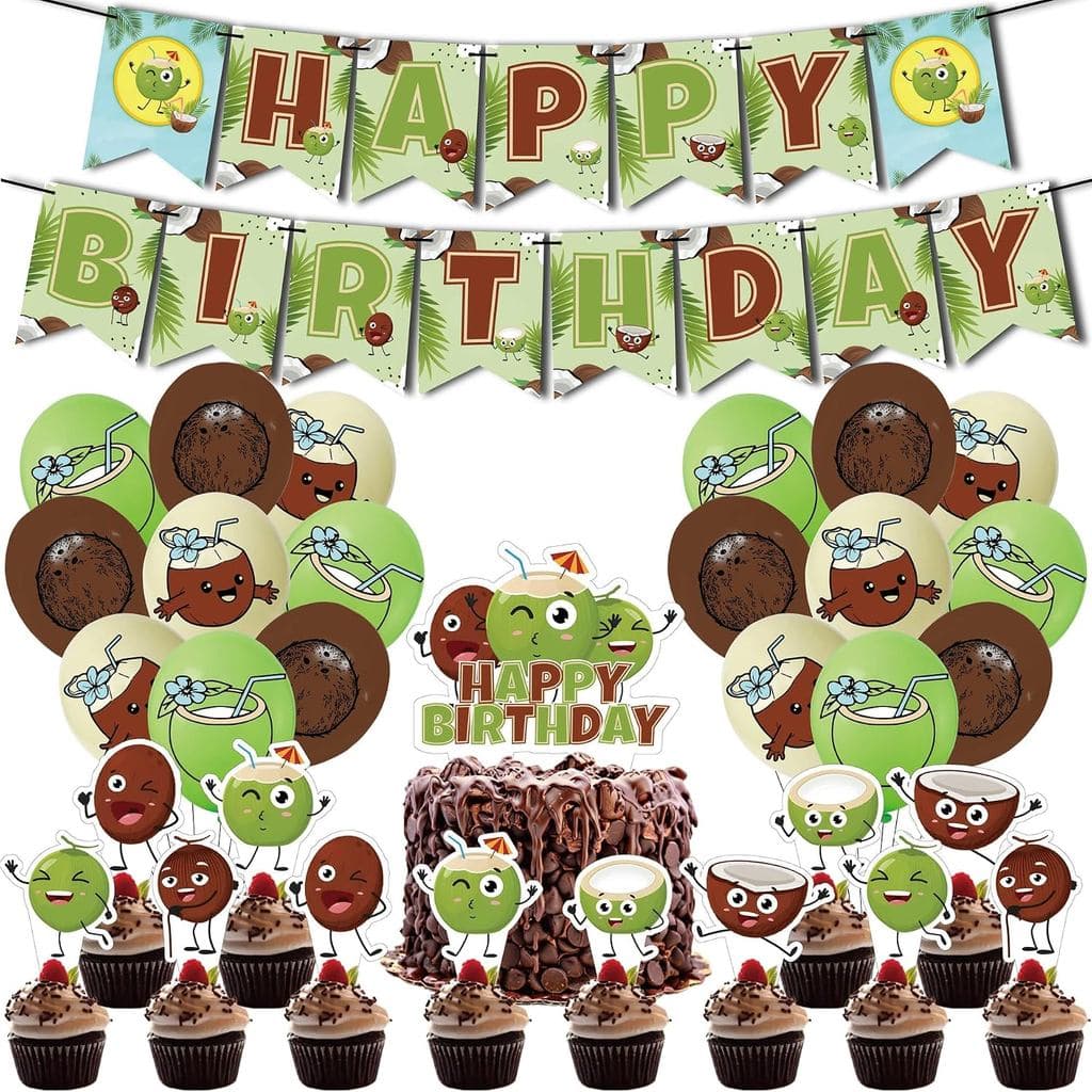 Kit Genérico de 32 Peças para Festa de Aniversário com Tema de Coco: Faixa, Balões de Látex, Topos para Cupcakes, Artigo