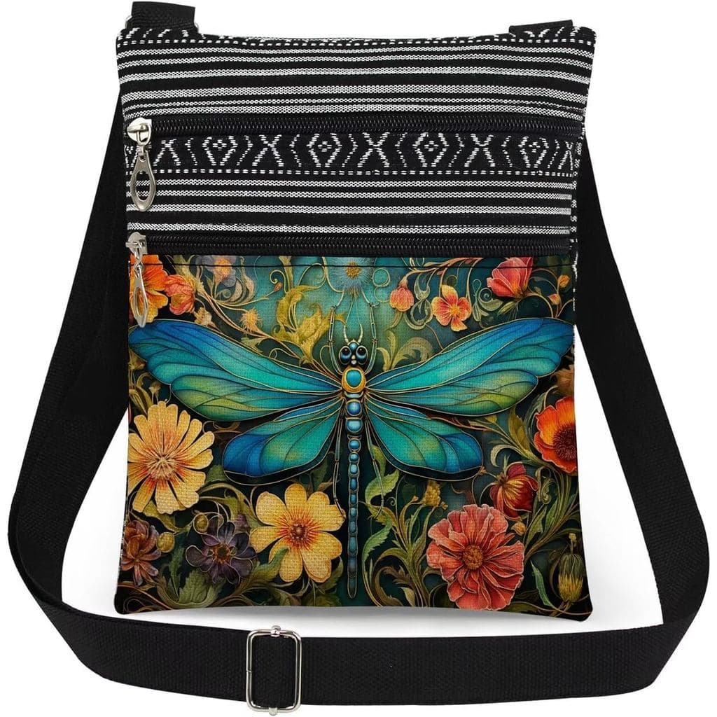 Bolsa Transversal com Alça Ajustável Dragonfly Garden, Estampa de Flores Coloridas com Libélula, Bolsa Mensageira Femini