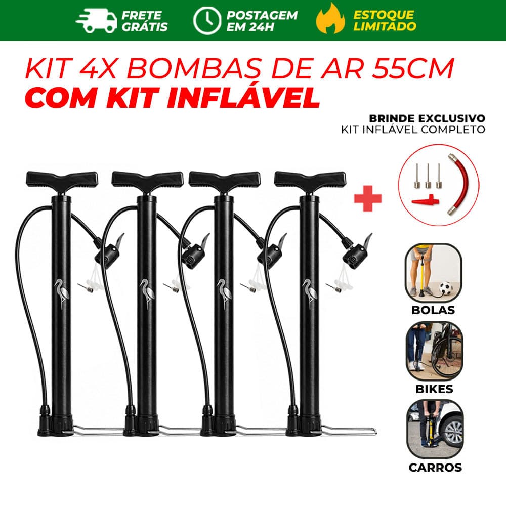4x Bomba de Ar 55cm com Bicos Adaptadores Pneu Bike Moto Bola