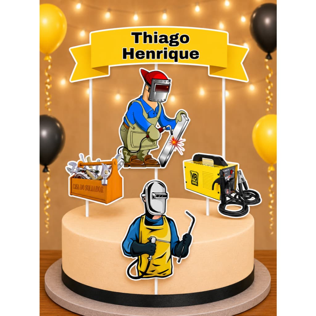 Topo de Bolo Topper Personalizado com Nome e Idade - Profissão Soldador ENVIO RÁPIDO