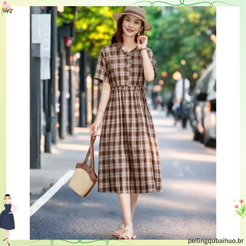 Francês Retro algodão linho xadrez vestido de manga curta feminino verão novo estilo tamanho grande capa solta barriga m