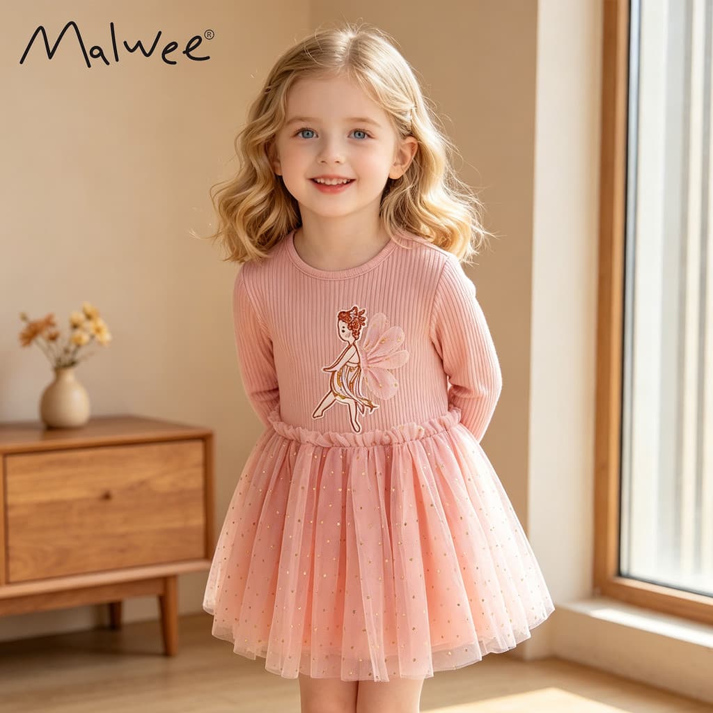 Vestido macio estilo princesa da Malwee para crianças pequenas, respirável e fofo, com decote redondo, nova coleção de v