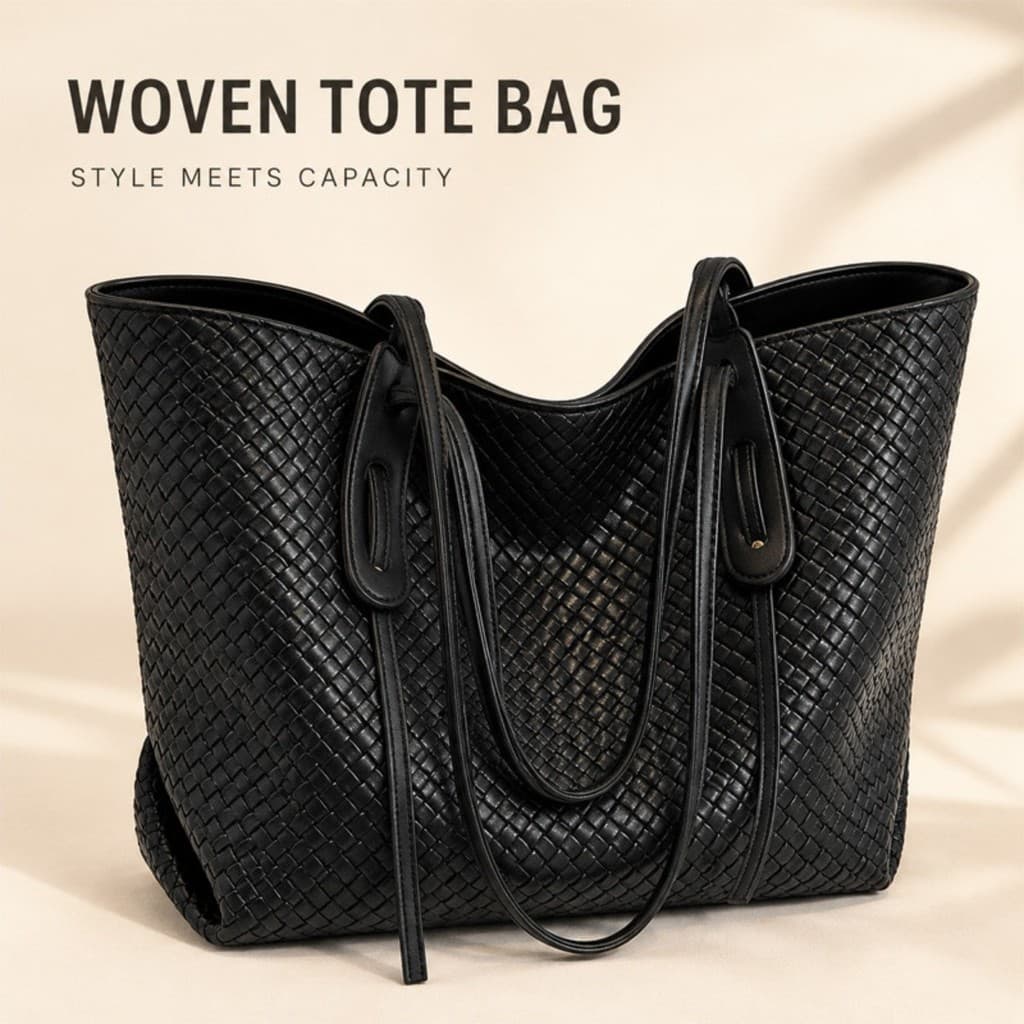 Bolsa Feminina De PU Com Textura Tecida De Grande Capacidade-De Ombro Elegante Para Compras Em Viagens De Deslocamento ,