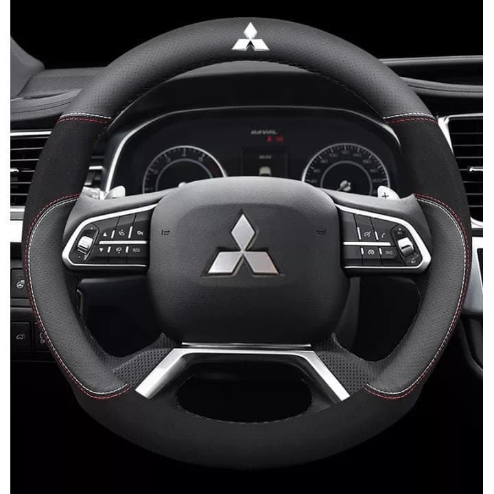 Capa de Volante de Carro Mitsubishi (Formato Redondo Preto) em Couro, Compatível com Todos os Modelos Mitsubishi Lancer,