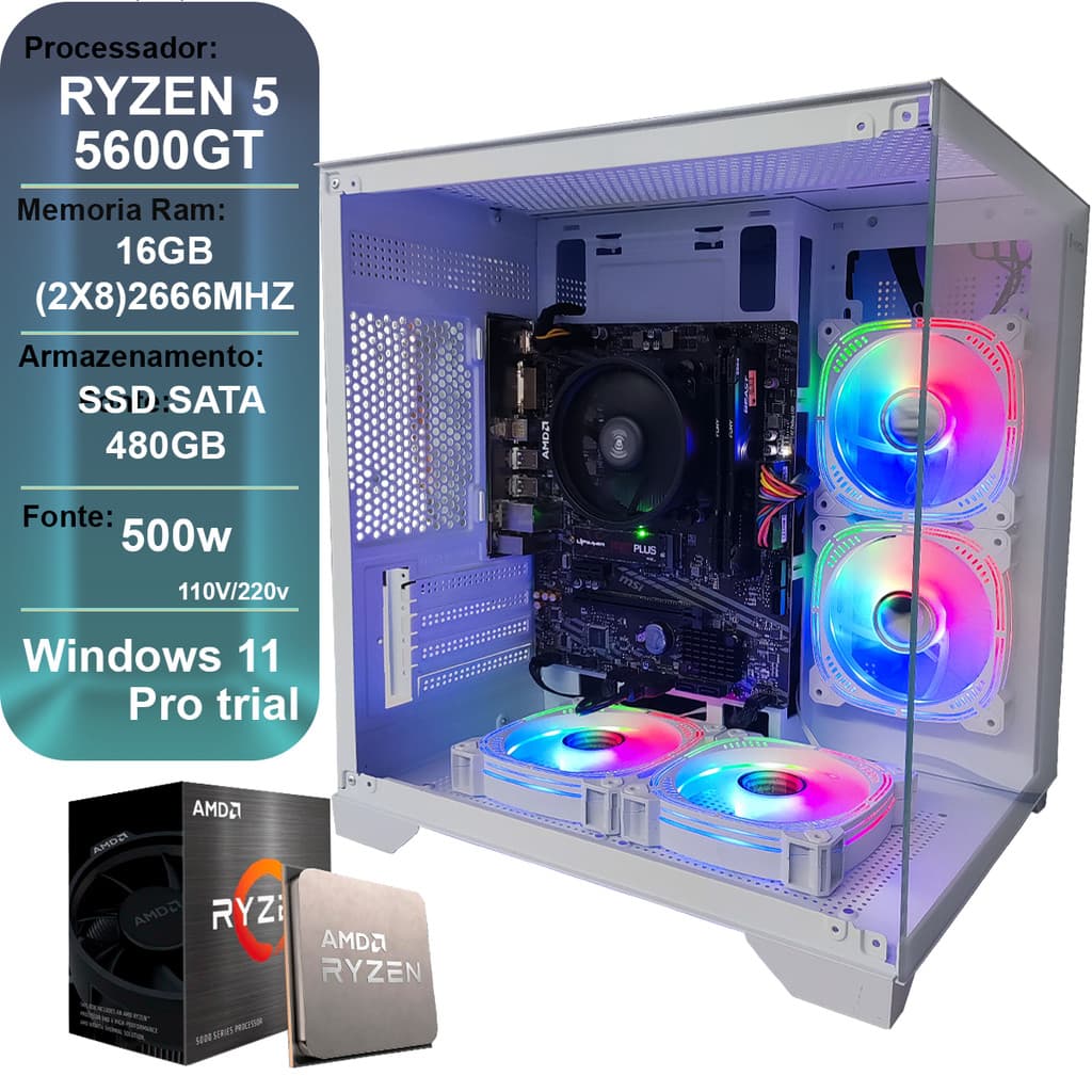 PC GAMER RYZEN 5 5600GT, 16GB DDR4, SSD 480GB, VEGA 7, AQUARIO BRANCO