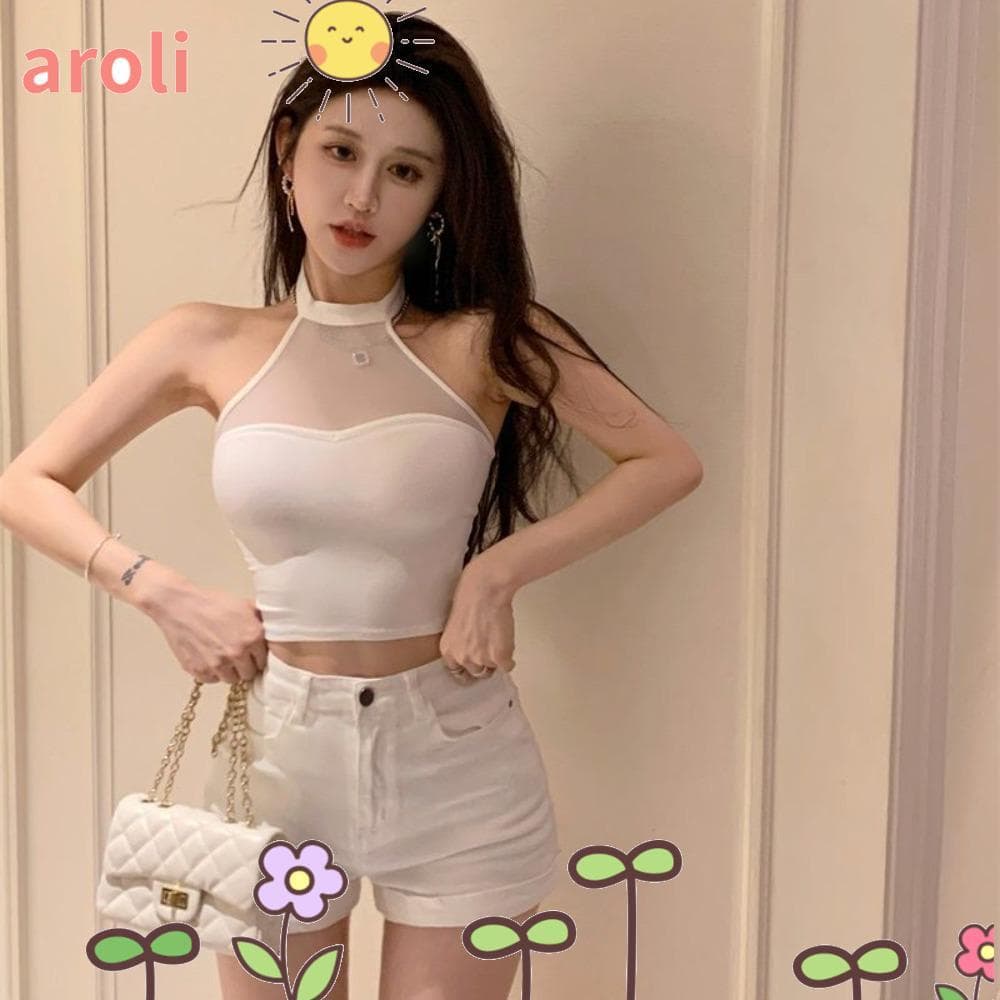 AROLI Mesh Sling , Regata Sem Mangas Para Meninas Spice De Verão , Top Curto Casual Doce , Férias Na Praia