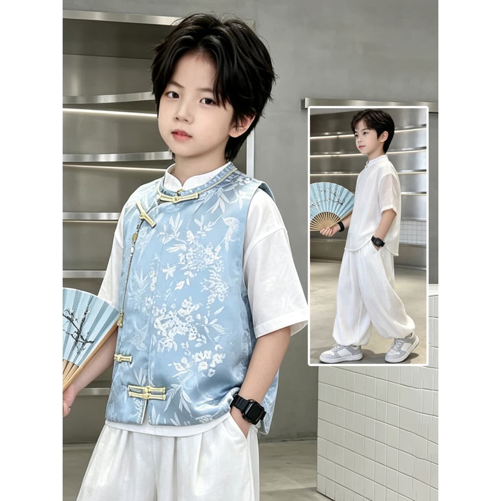 Crianças roupas novo estilo chinês estilo chinês colete verão meninos Tang terno Hanfu terno moda meninos passarela vest