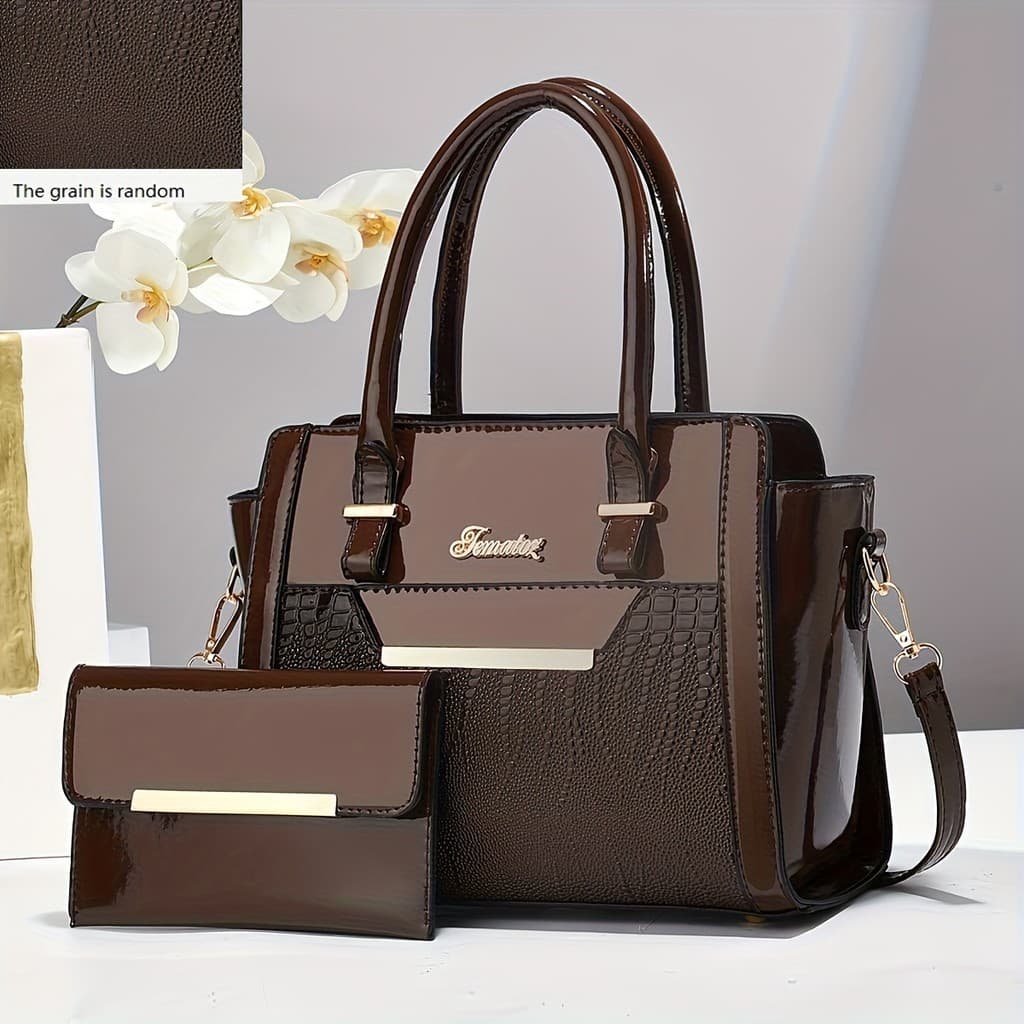 Conjunto de bolsa feminina de 2 peças Bolsa Tote de couro brilhante feminina novo estilo Bolsa mensageiro de um ombro de