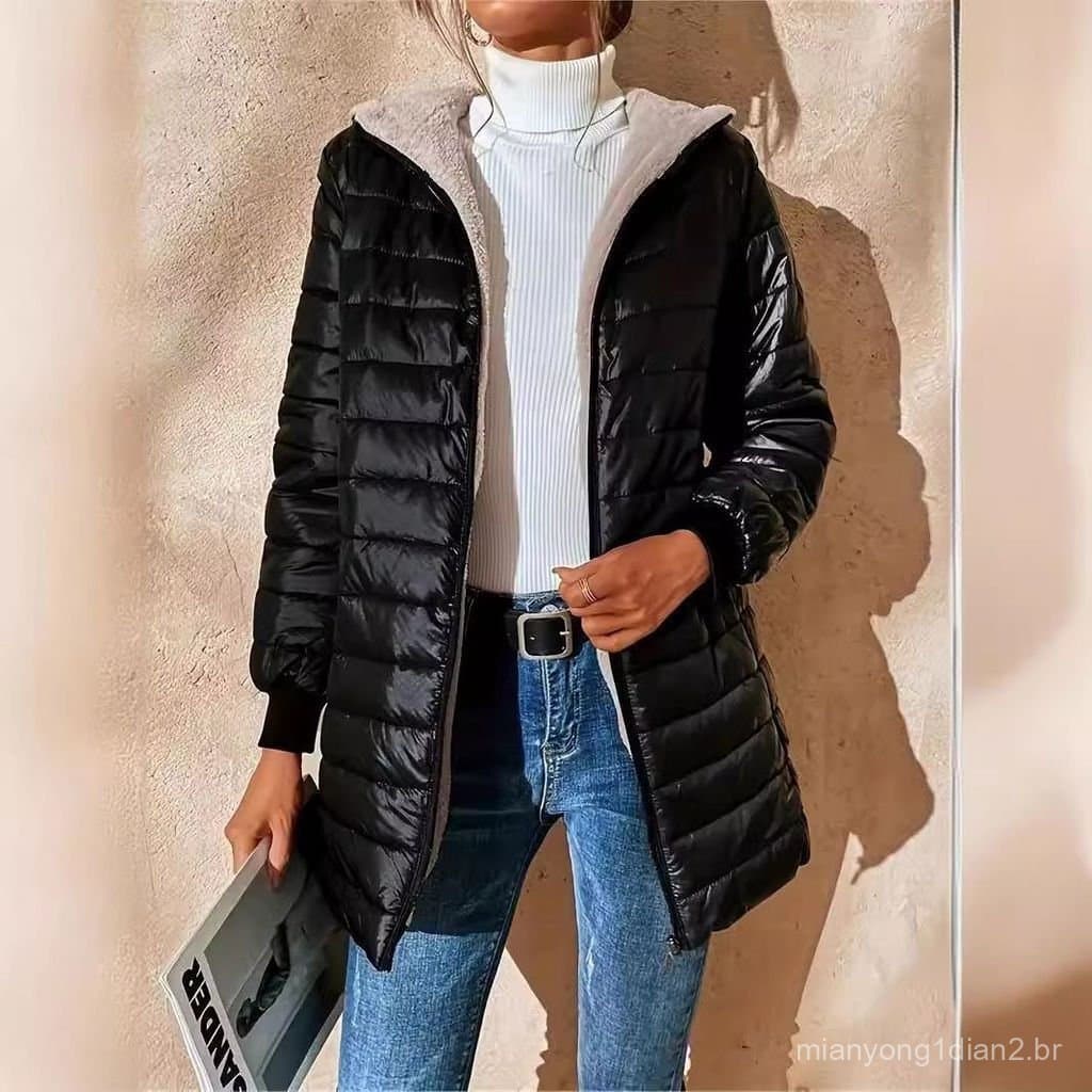 Jaqueta Acolchoada Feminina Outono Inverno Quente Com Capuz Forro Fofo Engrossado Casual Médio Longo Parka .
