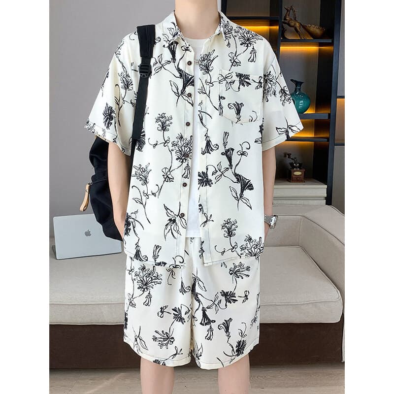 Camisa curta de manga curta shorts masculinos um conjunto combinando verão seda gelo estilo fino respirável camiseta sho