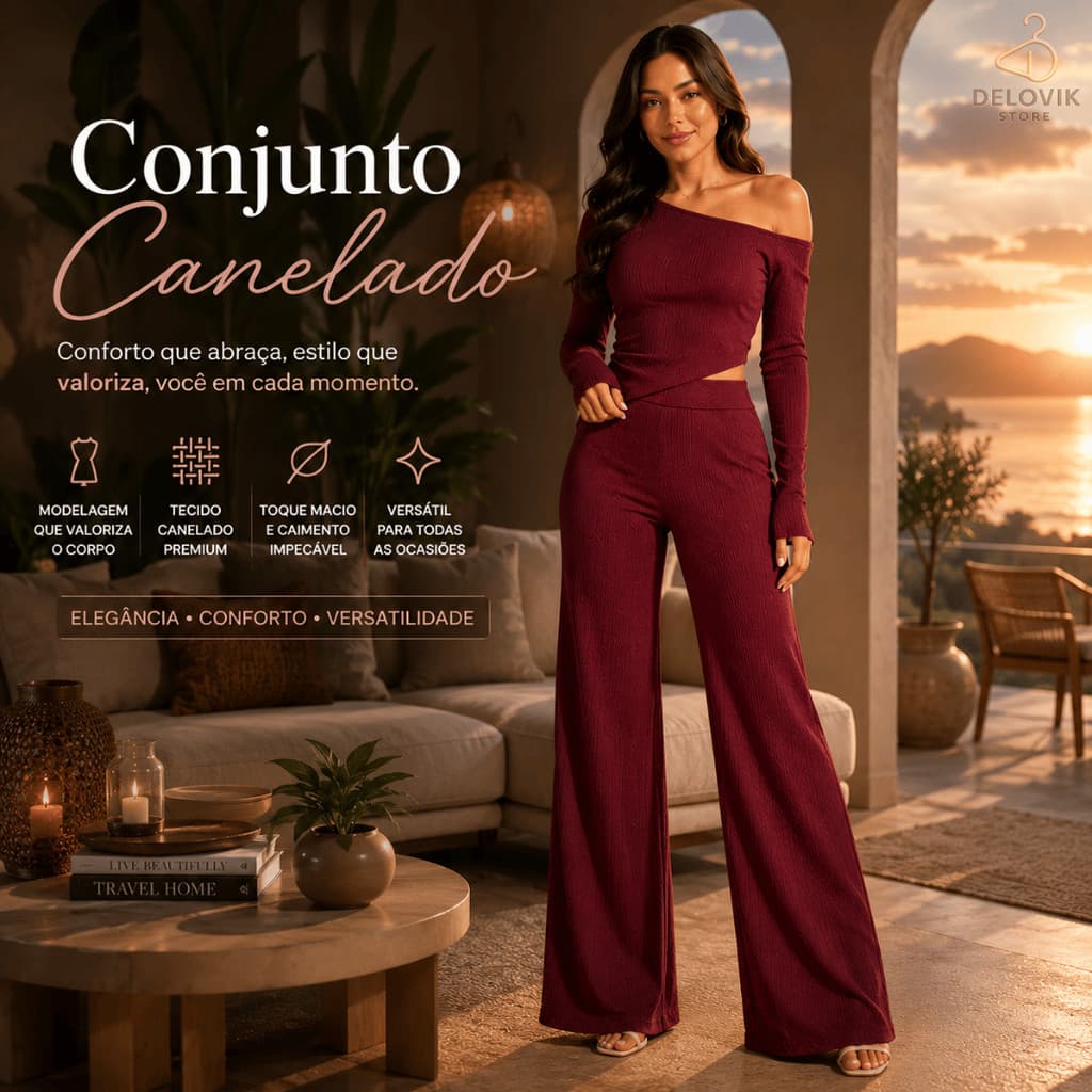 Conjunto Feminino Elegante Canelado Calça Pantalona Manga Longa Ribana P ao GG