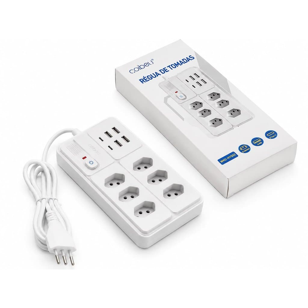 Régua de Tomadas Filtro de Linha 6 Tomadas  4 USB + 2 TYPE-C – coibeu WKC-HY502 – Proteção Multicamadas – 2500W – 110-2