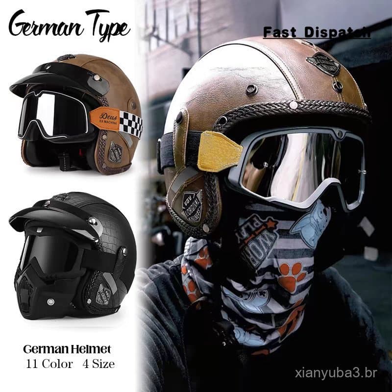 Capacete de Motocicleta Retrô 3/4 de Couro com Óculos e Visor, Capacete Semi-Aberto Estilo Clássico H5NZ