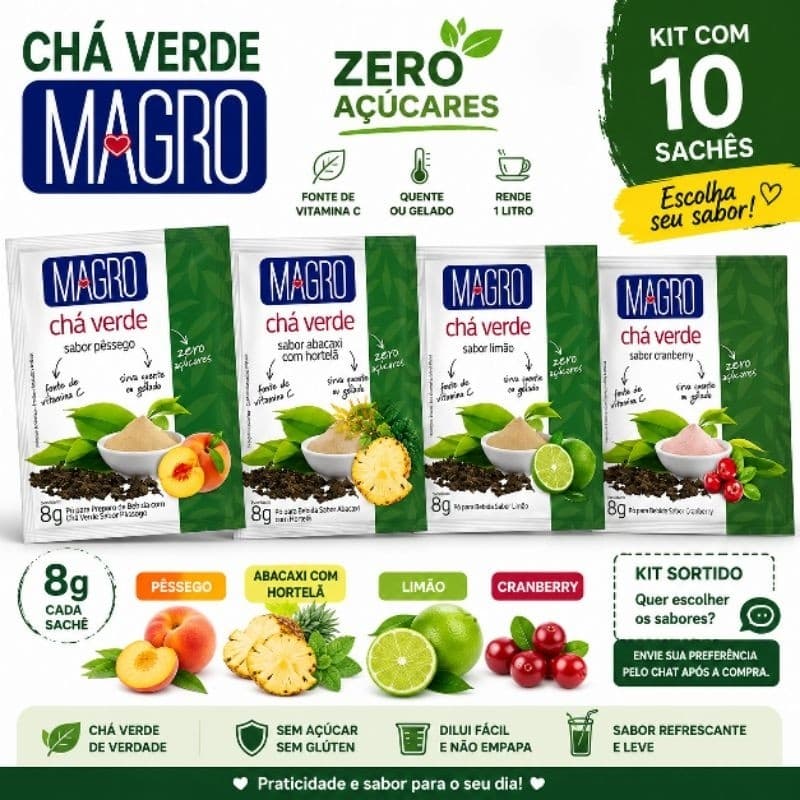 Chá Verde Magro Zero Açúcar 8g Kit 10 Sachês Escolha Sabores Chá sem Açúcar em Pó