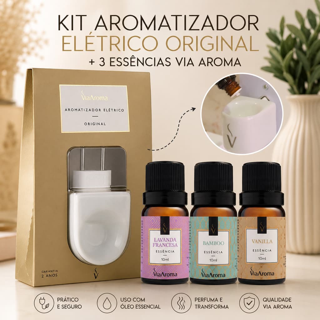 Kit Aromatizador Via Aroma Elétrico + 3 Essências 10ml Bamboo Lavanda Francesa Vanilla Difusor Aromatizador de Ambiente