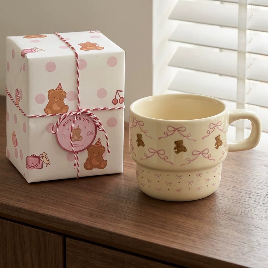 Caneca fofa copo de água de cerâmica lembrança xícara de café de alto valor presente de aniversário menina arco urso
