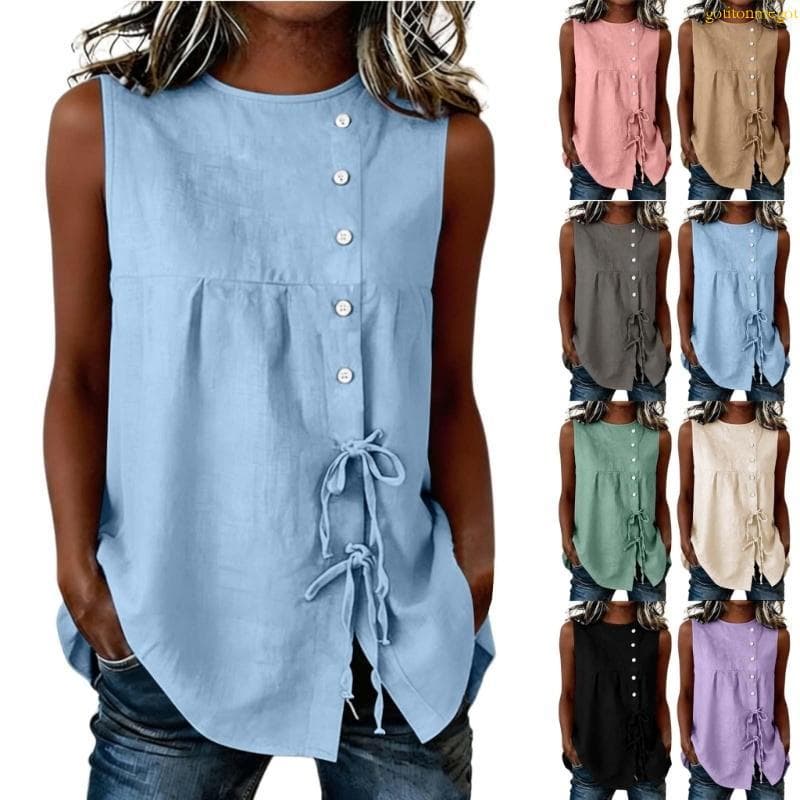 gotitonmegot Camisas Femininas Causais Mangas Botões, Solta, Gravata Frontal, Babados, Praia