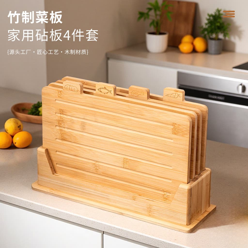 Tábua de corte de cozinha doméstica de madeira maciça de bambu Conjunto de 4 peças Tábua de corte de carne com compartim