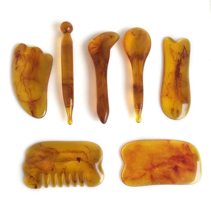 Estone 7 Pçs Conjunto De Resina Natural Âmbar Massagem Raspagem Para Rosto Pescoço Gua Sha Raspador Massageador Terapia