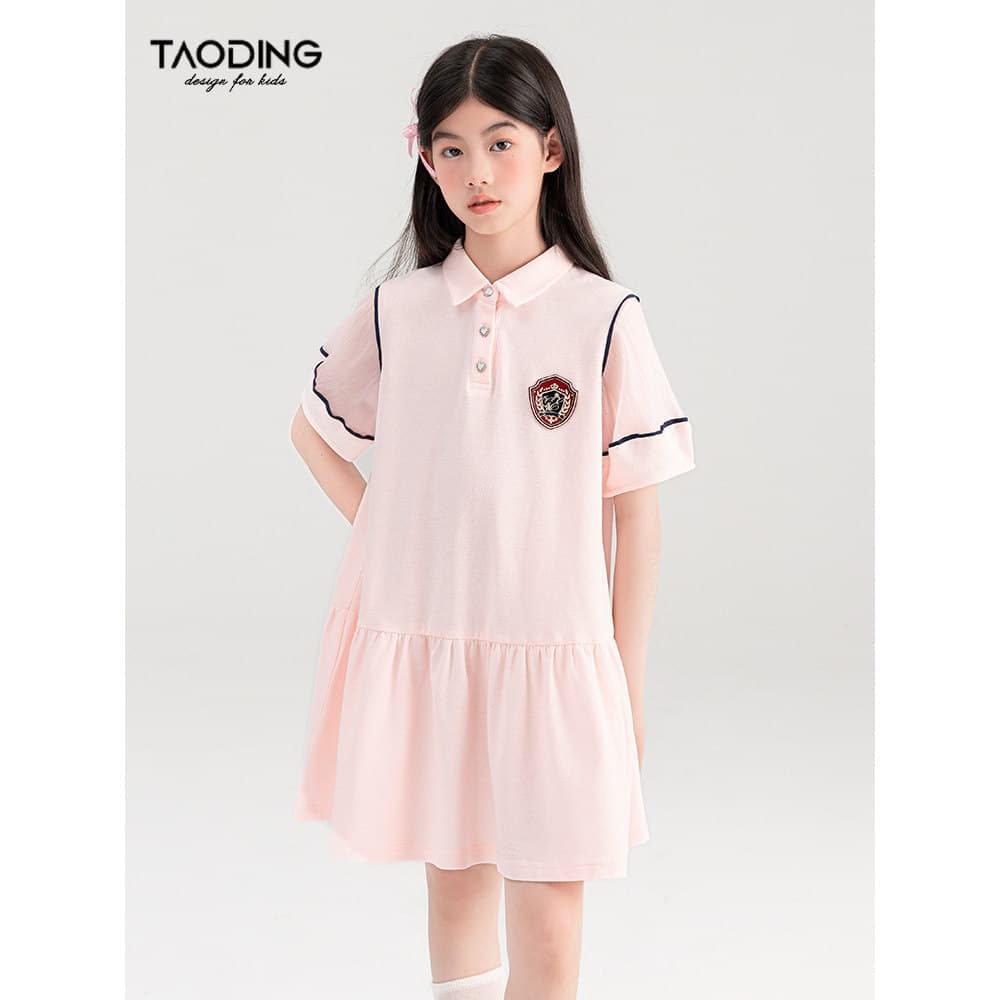 Taoting meninas vestido estilo verão 2024 novo estilo médio grande crianças estilo Preppy rotulagem gola Polo saia estil