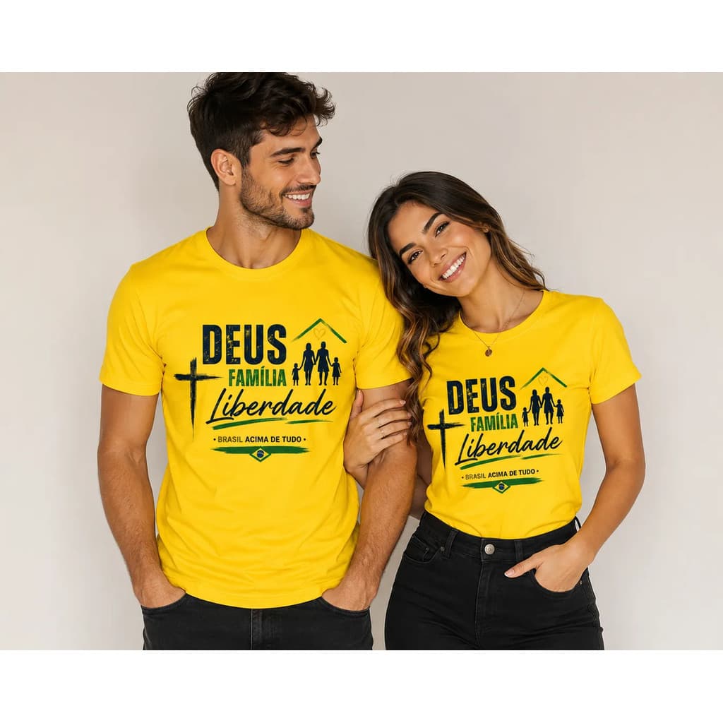 Kit 2 Camiseta Deus Família Liberdade Brasil Amarela Unissex