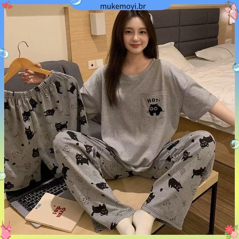 Primavera verão novo estilo i ns estilo versão coreana pijamas femininos manga curta bonito meninas podem usar fora Casu