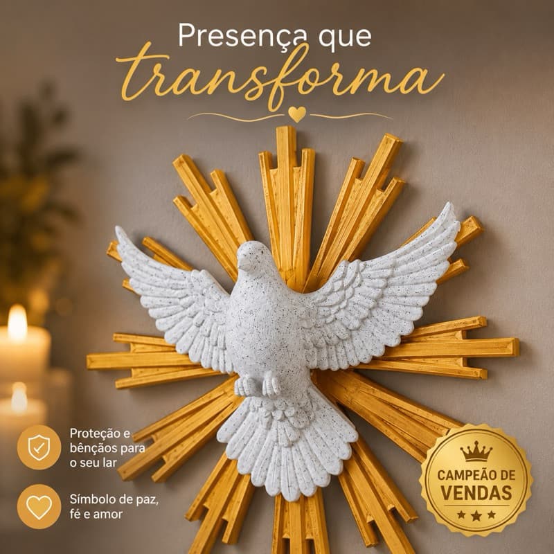 Divino Espírito Santo 24cm Decorativo Porta Parede Cristão Grande Branco Marmorizado e Dourado