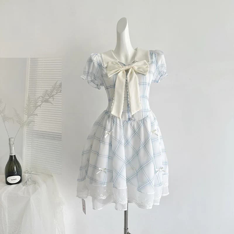 Novo Vestido Mini Elegante Francês para Mulheres, Vestido de Renda Xadrez com Laço Doce, Vestido Casual de Verão com Man