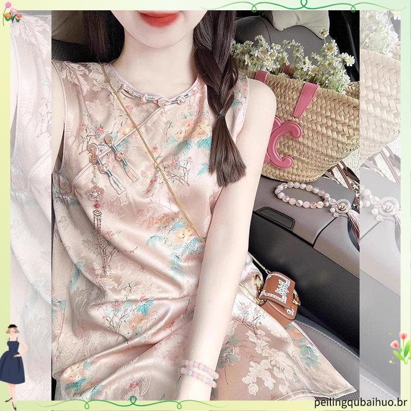 Novo estilo chinês estilo chinês rosa impresso sem mangas vestido feminino verão moda novo estilo bonito melhorado Cheon