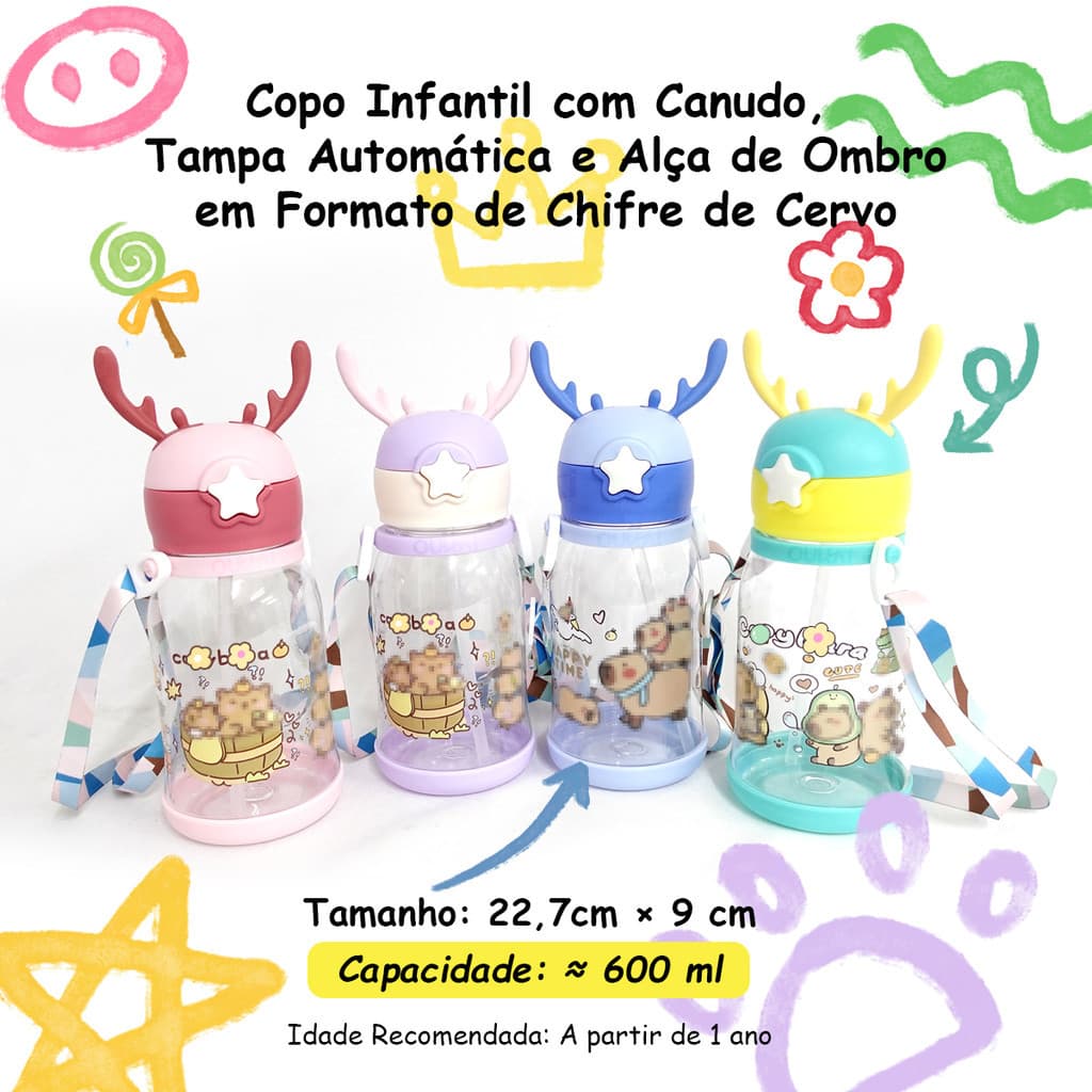 Garrafa Infantil Capivara 600ml com Alça e Canudo – Plástico -- Capivara