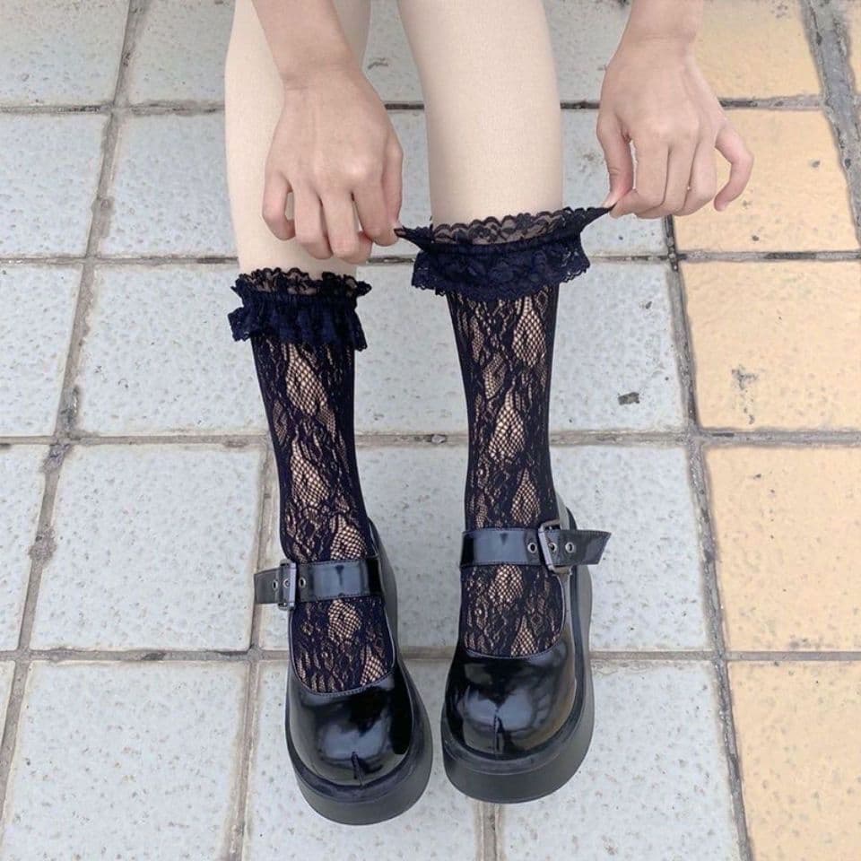 Meias longas de renda acima do joelho lolita meias de seda branca cano médio para panturrilha verão estilo fino jk meias