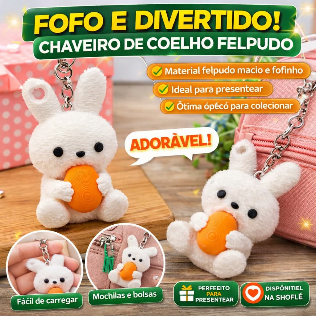 Chaveiro Coelho Felpudo Fofo Para Bolsa Mochila Chaves Pingente Coelhinho Presente Delicado Acessório