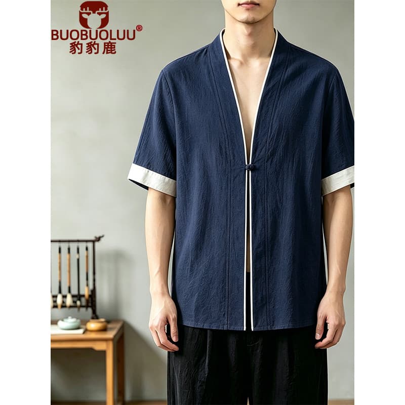 Verão chinês Cardigan Tang terno de cinco pontos Hanfu jaqueta chinesa antigo algodão linho de manga curta taoísta Robe