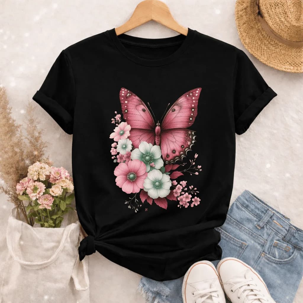 Camiseta Borboleta Rosa Camisa T-shirt Modinha Casual Animal