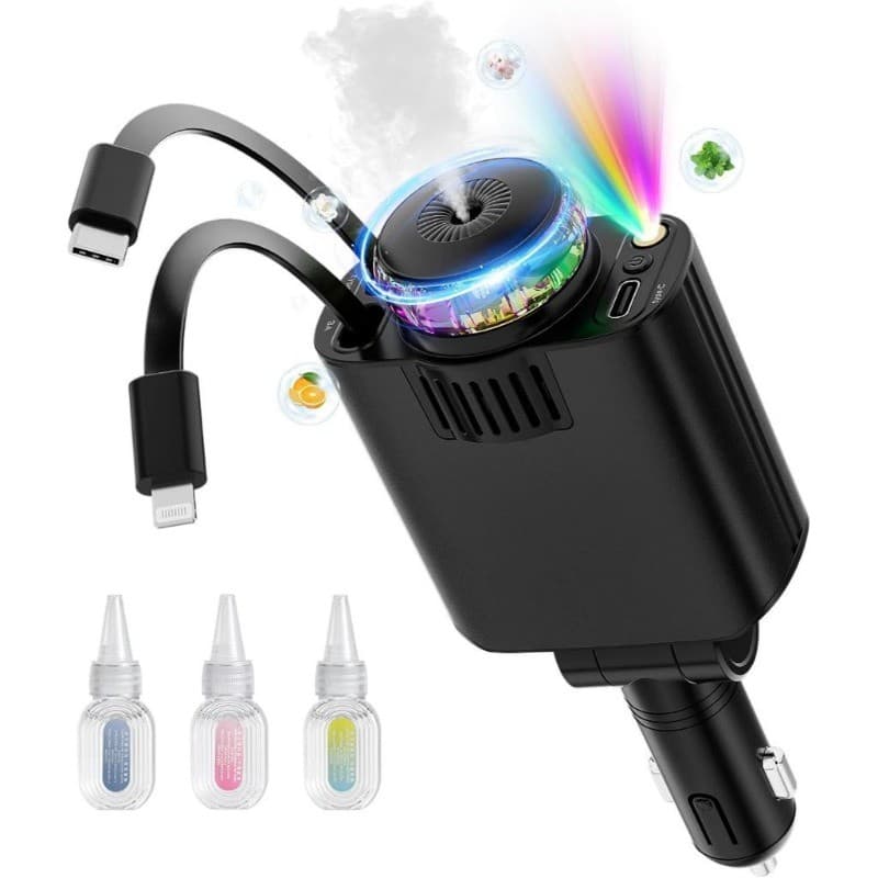 Carregador de carro retrátil 5 em 1, carga rápida de 45 W, com função de aromaterapia, efeito céu estrelado, luz LED