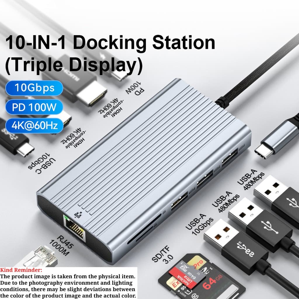 JMT 10in1 Docking Station RJ45 Gigabit Ethernet Porta HDMI-Compatível 4K @ 60Hz PD100W USB-C Para Jogos Portátil