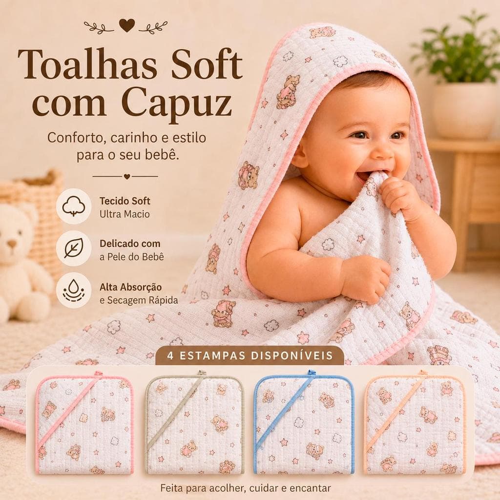 Toalha de Banho Soft para Bebê com Capuz 100% Algodão 70x70cm Estampa Infantil Banho