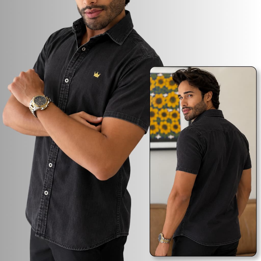Camisa Masculina Jeans Preta Manga Curta Clássica para Festa Casamento e Eventos