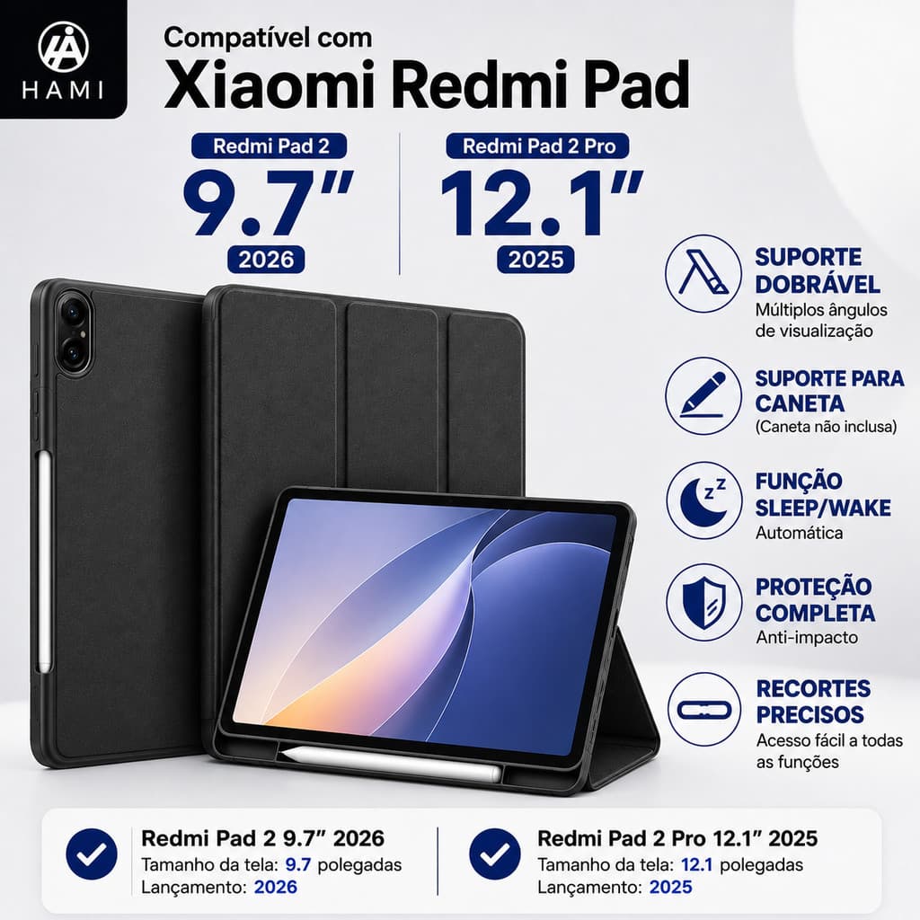 Capa para Redmi Pad 2 9.7" 2026 e Redmi pad 2 pro 12.1" 2025  com Suporte Dobrável, Silicone Macio,