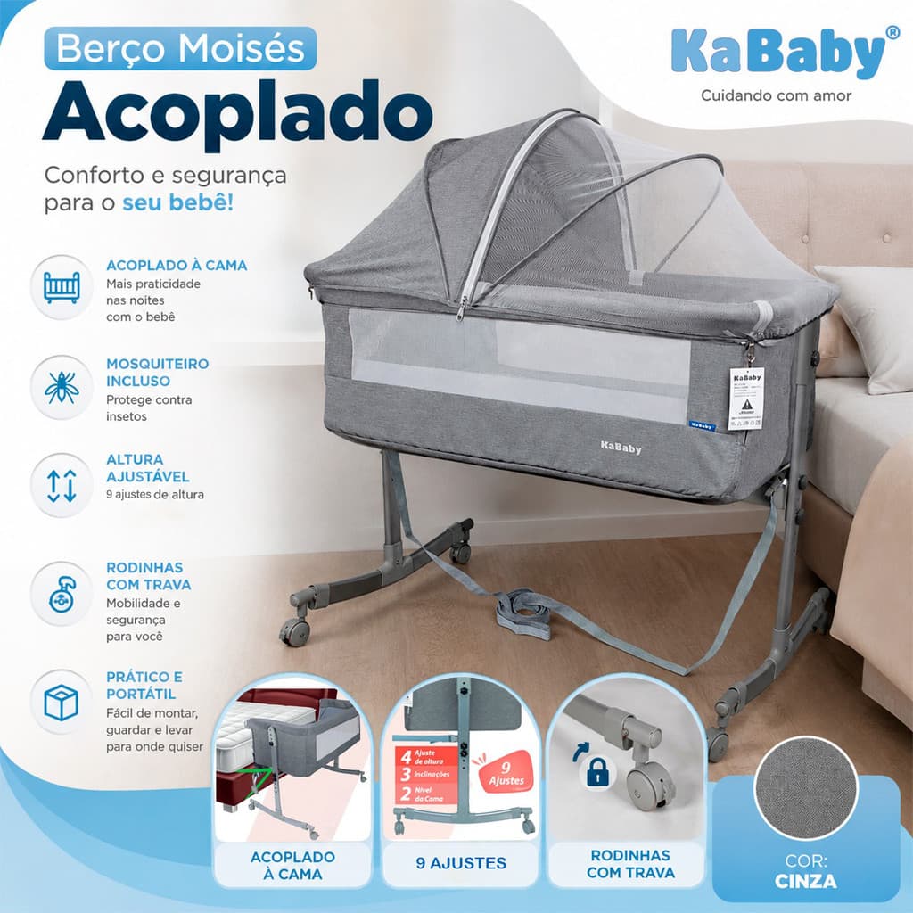 Berço Moisés Co-bed 3 em 1 com Balanço, Colchão e Mosquiteiro Cinza - KaBaby