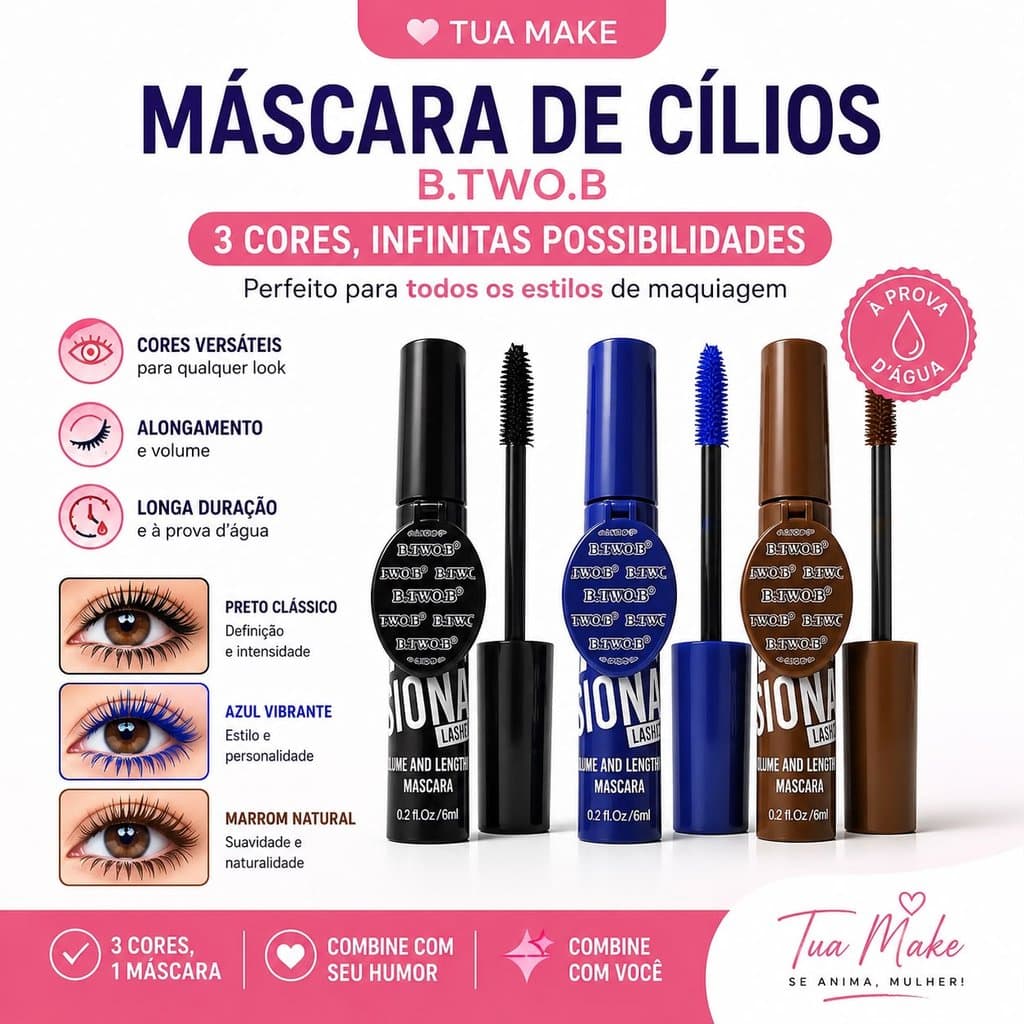 B.TWO.B Máscara de Cílios Rímel Volume e Alongamento à Prova D’Água Longa Duração 3 Cores