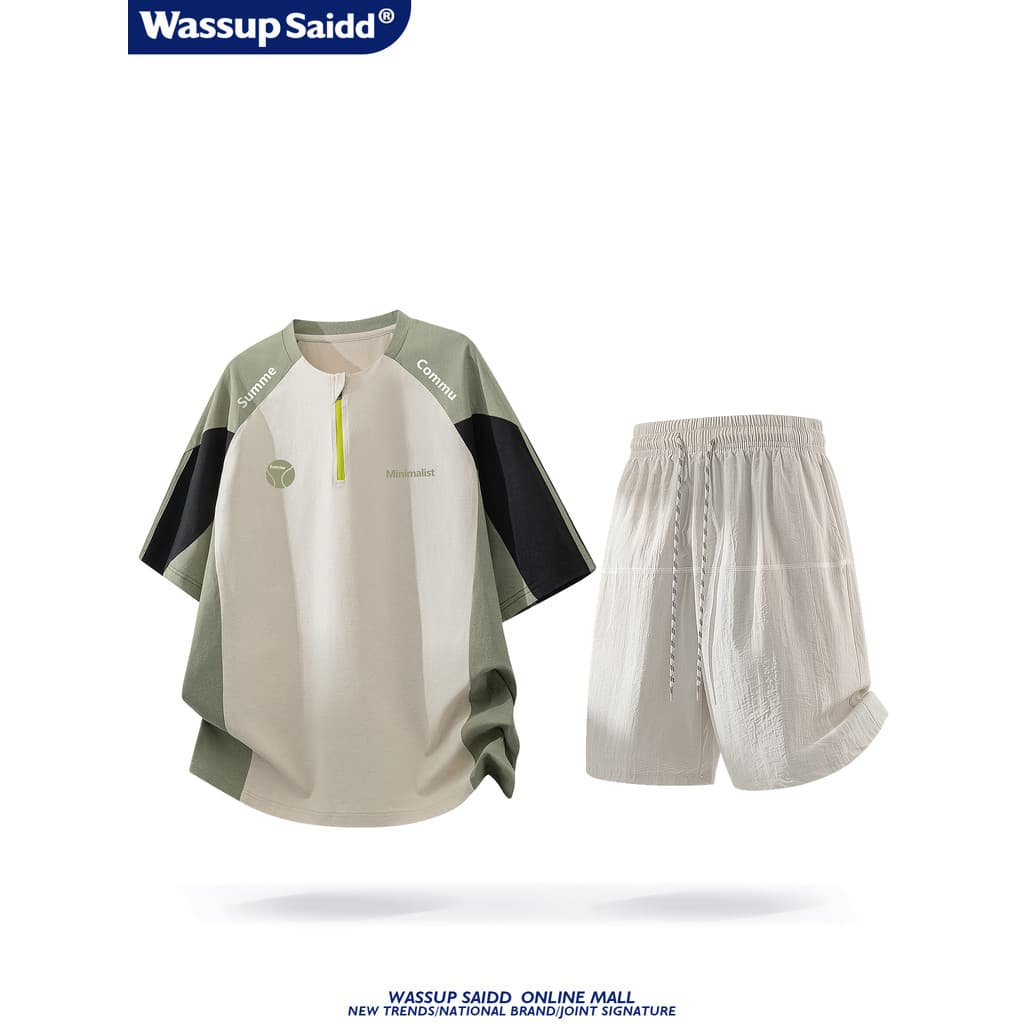 WASSUP SAIDD American Trendy Terno Esportivo de Manga Curta Masculino Verão Solto Casual Juventude Shorts de Secagem Ráp
